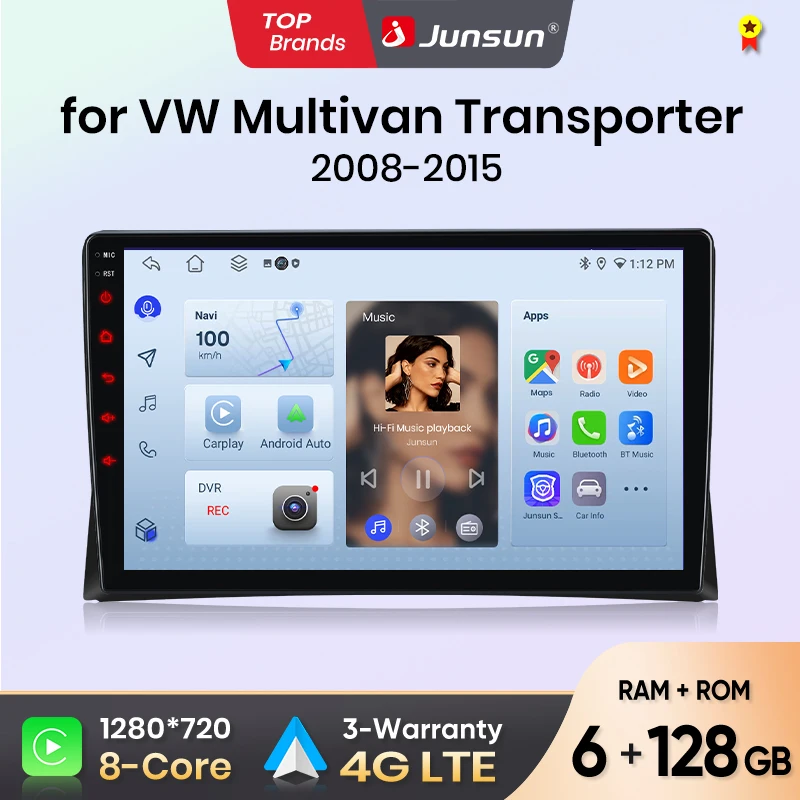 Autoradio Junsun pour VW Multivan T5 Transporter 2003 2004 2005 2006 2007 2008 2009 2010 2011 2012 2013 2014 2015 CarPlay Android Auto FM RDS DSP BT GPS Navi SWC Écran tactile HD IPS Plug & Play Lecteur multimédia Appel mains libres Style d'origine de la voiture