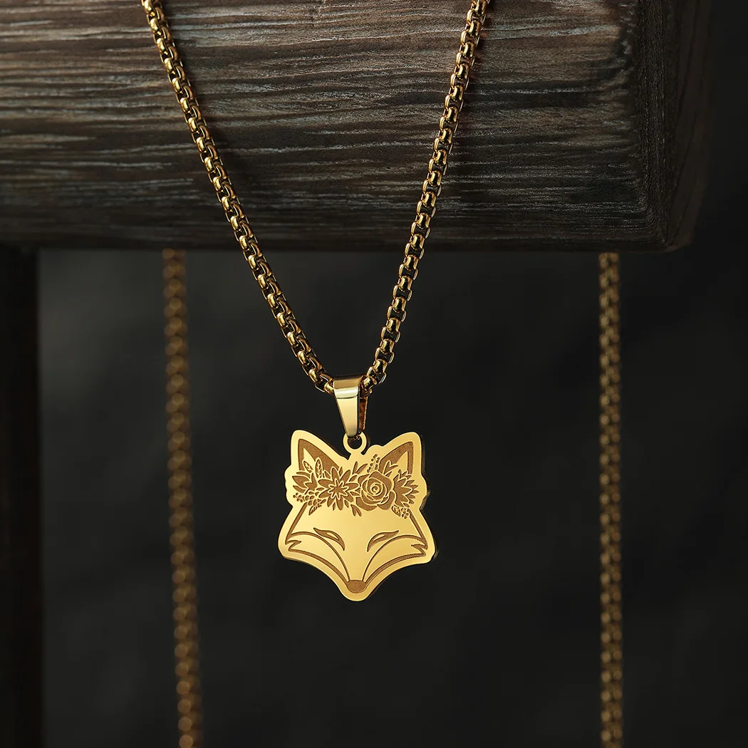 Women\'s Necklace Exquisite Fox Filigree Flower Stainless Steel Animal Pendant Chains Choker Necklace for Men Punk Jewelry