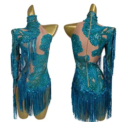 Sparkly Blue Rhinestones Tassel Bodysuit Women Sexy Long Sleeve Leotard Performance Outfit Dance Costume Show Stage Wear Duxiu