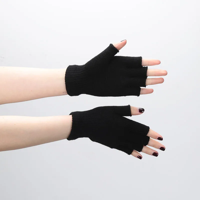 1Pair Unisex Black Half Finger Fingerless Gloves for Women and Men Wool Knit Wrist Cotton Winter Warm Work Mittens