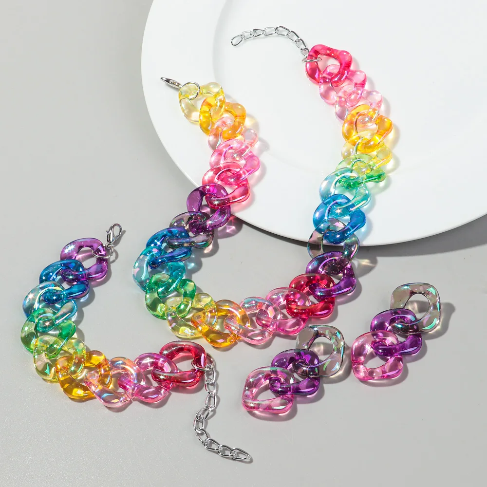 4 teile/satz Schillernde Acryl Kette Halskette für Frauen Neue Transparente Quadratische Link Aussage Ohrringe Armband Halsband Schmuck Sets – Detail 15