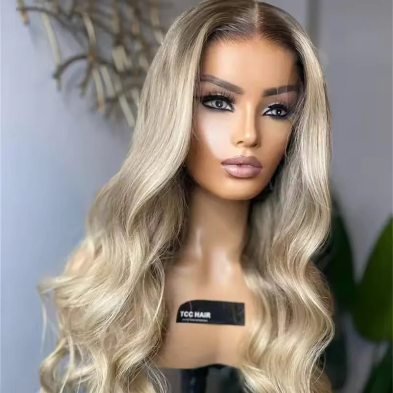 Ombre Ash Blonde to Light Blonde Highlights Human Hair Lace Front Wigs