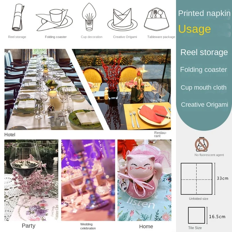 Printed Napkins Hotel Westernrestaurant Table Decoration Wine Glass Flower Paper Mori Fresh Green Leaves Colourful Paper Napkins