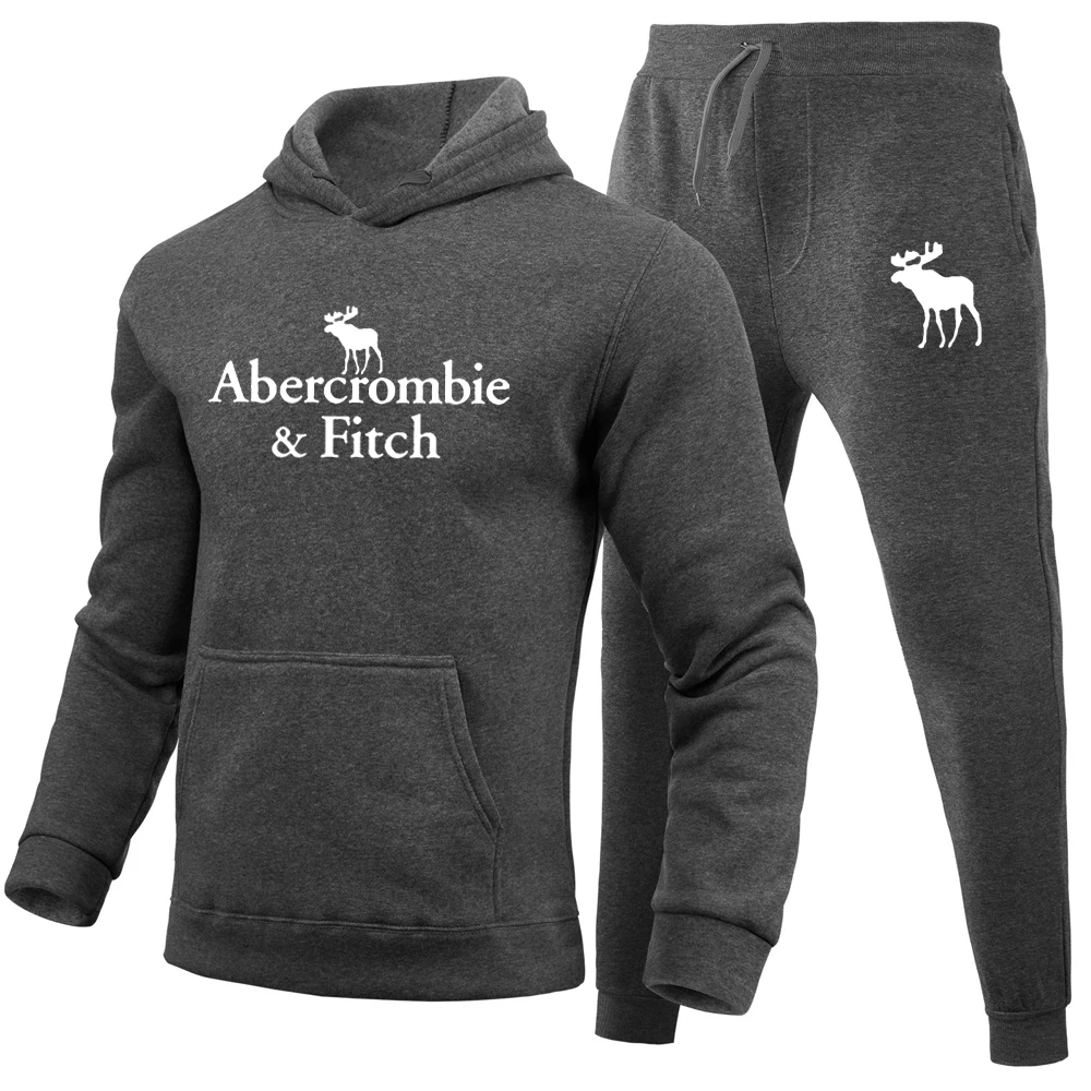 Abercrombie Fitch Men Tracksuit Casual 2 Pieces Sets Sweatshirt Hooded+Sweatpants Print Sportswear Clothes Jogger Sport Suit