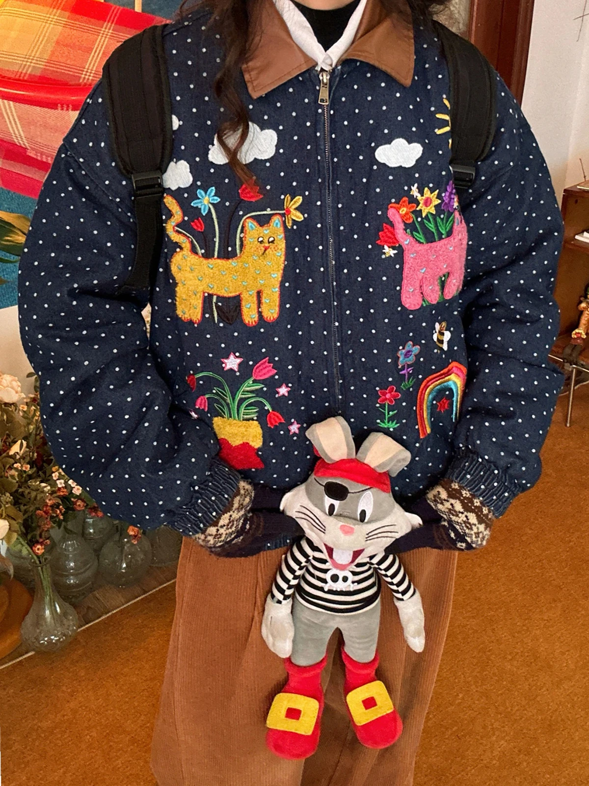 

American Retro Cartoon Embroidery Polka Dot Collar Cotton Jaet Men Women Autumn Winter Top Street Sle Loose Fit ...