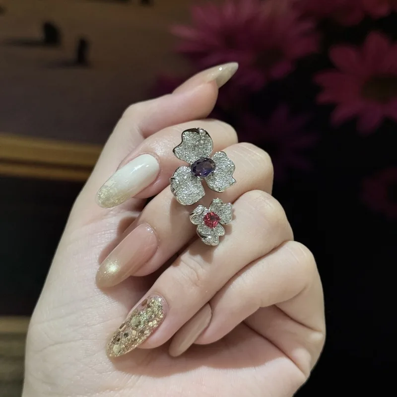 925 sterling silver light luxury high-end feeling rose red purple zircon flower sparkling diamond open ring for women's niche