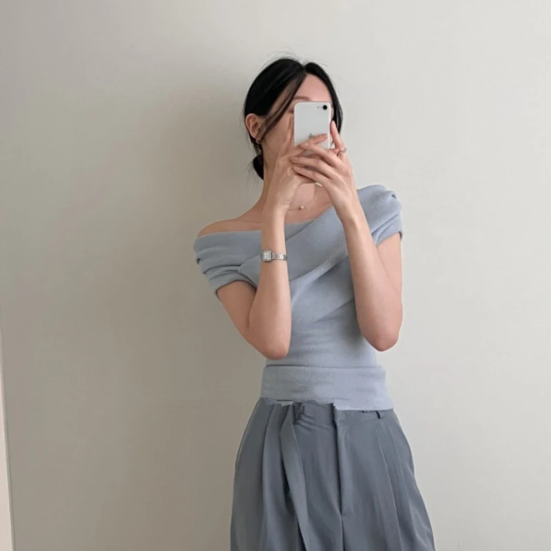 Short Sleeve T-shirts Women Slash Neck Simple Casual Soft Criss-cross Stylish Off-shoulder Korean Style Ulzzang Trendy Elegant