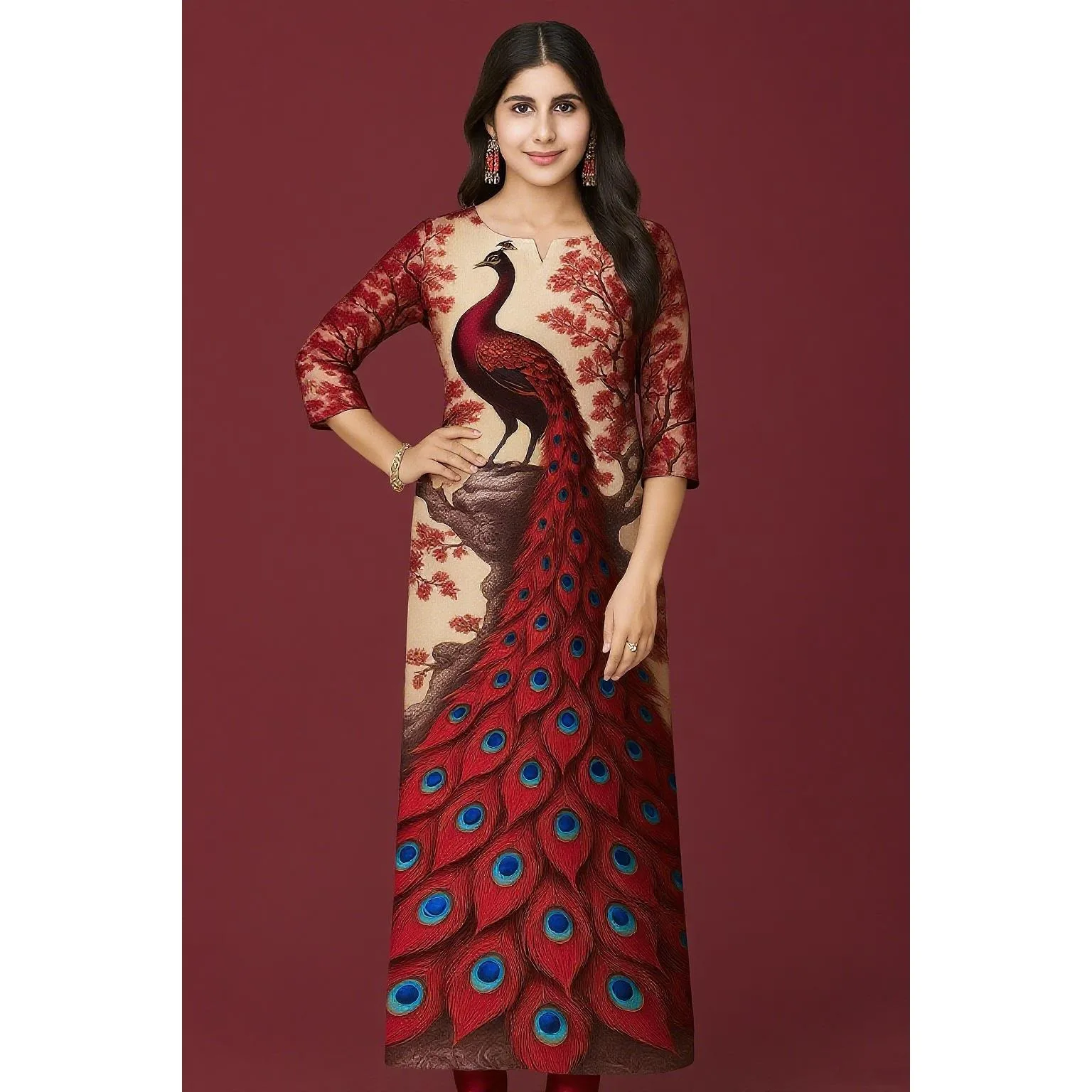 Muslim Dress Kurt Women's Fashionable Long Sleeved Straight Tube Casual Round Neck Picture Multiple National Style