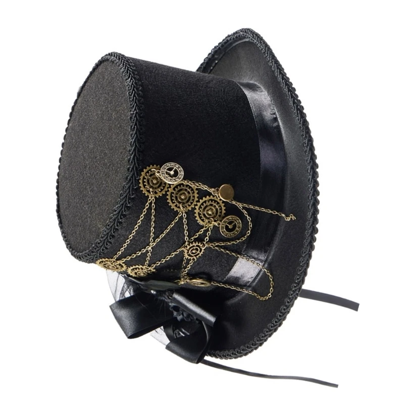 Flat Top Hat with Gear Chain Steampunk Medieval Hat Halloween Girl Small Brims Fedoras Hat Stage Performances Hat DropShipping