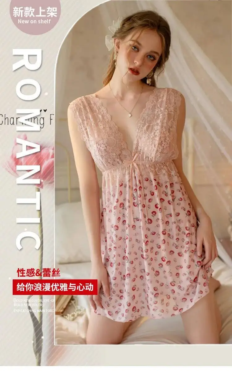 Neue Sexy Blumendruck Spitze Mesh Pure Desire Casual Style Kleid Charmantes elegantes rückenfreies tiefes V-Hosenträger ärmelloses Kleid UO4Y