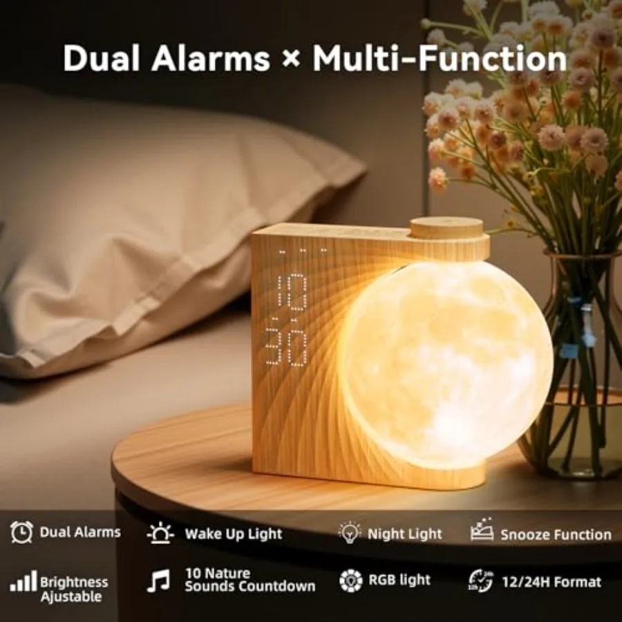 Sunrise Alarm Clocks for Heavy Sleepers, Night Lamp Clocks for Bedrooms with Moon Light, 10 Light Effects, 30/60/90 Timer, 10 S view 3