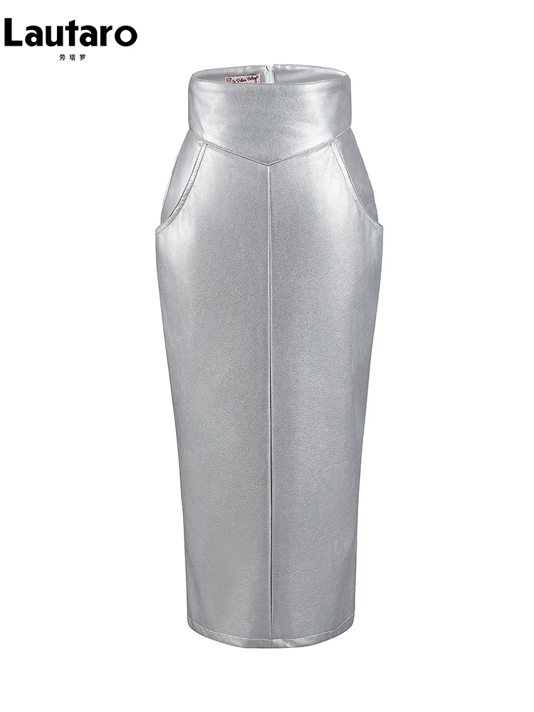 Lautaro Spring Summer Silver Pu Leather Midi Pencil Skirt Women with Back Slit High Waist 2024 Luxury Designer Clothes Fashion