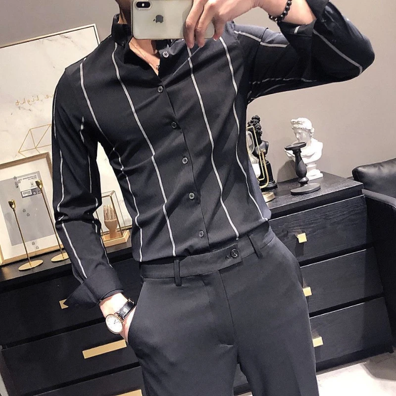 Men\'s Shirt Korean Fashion Stripe Basic Style Non-ironing Slim Fitting Suit POLO Collar Single Breasted Fashion Casual Commute