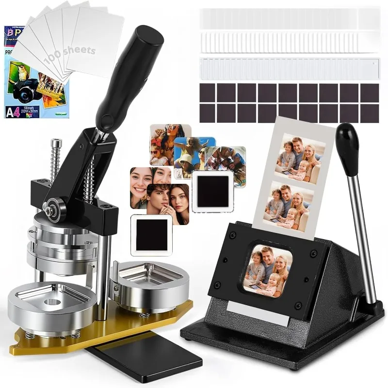 DIY 5.08x5.08cm Square Fridge Magnet Button Press Kit with Paper Cutter 100Pcs Consumables for Custom Magnets Badges