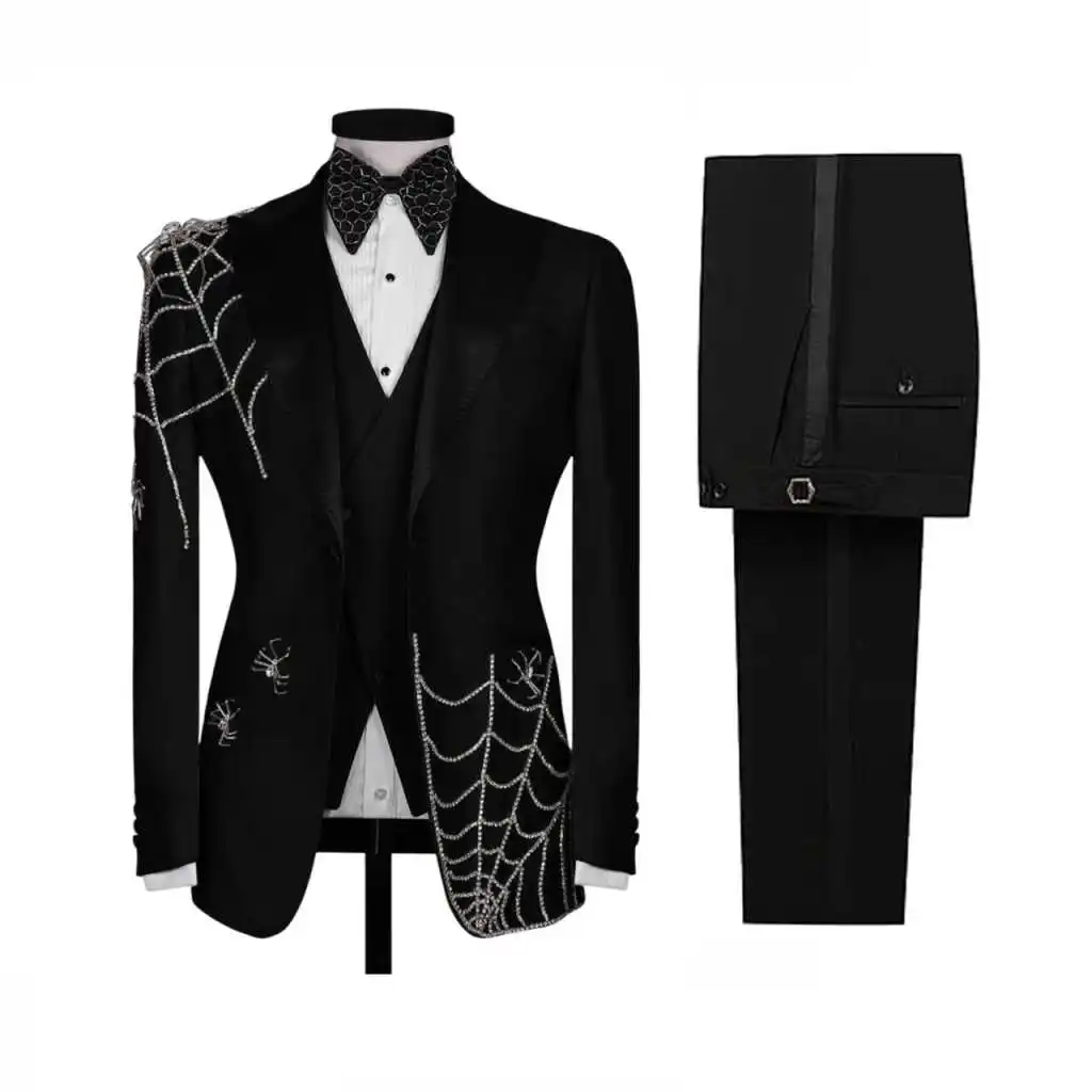 

Formal Men Suits 2 Pieces Peaked Lapel Single Breasted Jacket Blazers Beading Classic Fit Prom Male Party Customized