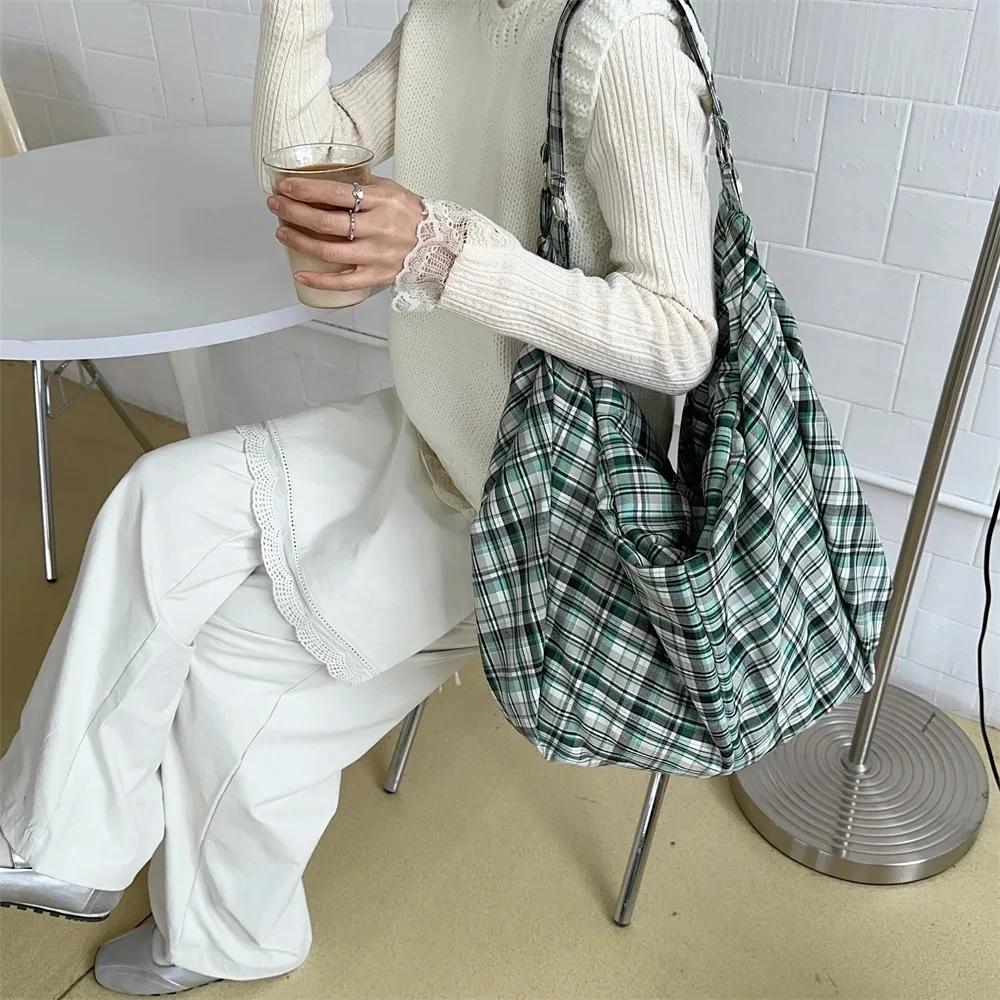 

Large Capacity Plaid Tote Bag Korean Retro Striped Single Shoulder Shopping Bag Lazy Style Simple Large Tote Bag