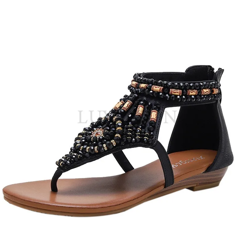 Women Clip on Sandals with Sloping Heels Rhinestones Roman Sandals with T-shaped Straps Handmade Beaded Versatile Shoes