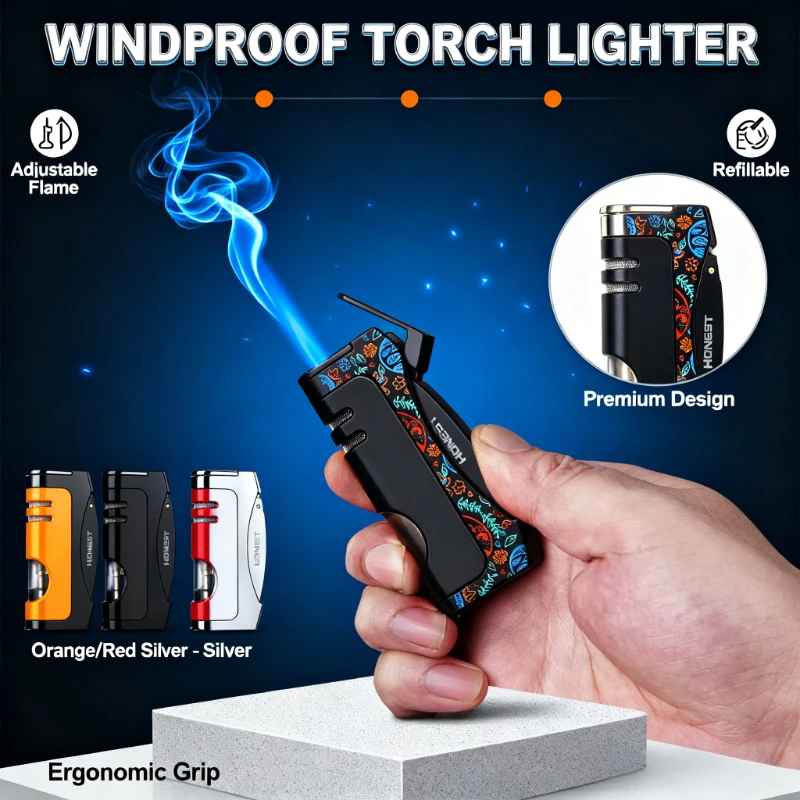 

Boutique Turbo Torch Lighter - Windproof Metal Butane Gas, Cigar-Specific Smoking Accessory, Unique Collectible Gadget for Men