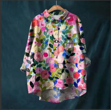 Vintage Floral Print Flax Blouse For Woman Fashion Lapel Long Sleeve Blouses Women Autumn Buttons Leisure Loose Tops Female 2024