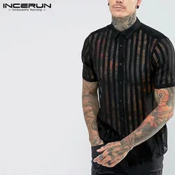 2024 Men Striped Shirt Lapel Short Sleeve Transparent Sexy Camias Streetwear Fashion Party Nightclub Shirt Men S-5XL INCERUN