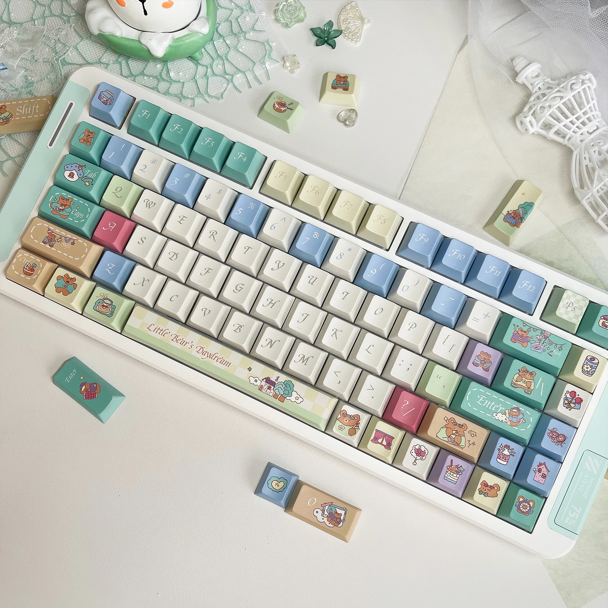Little Bear Daydream Theme Keycap Set MOA Round Cute Keycaps PBT Cherry Profile MX Switch Mechanical Keyboard Custom Key Caps