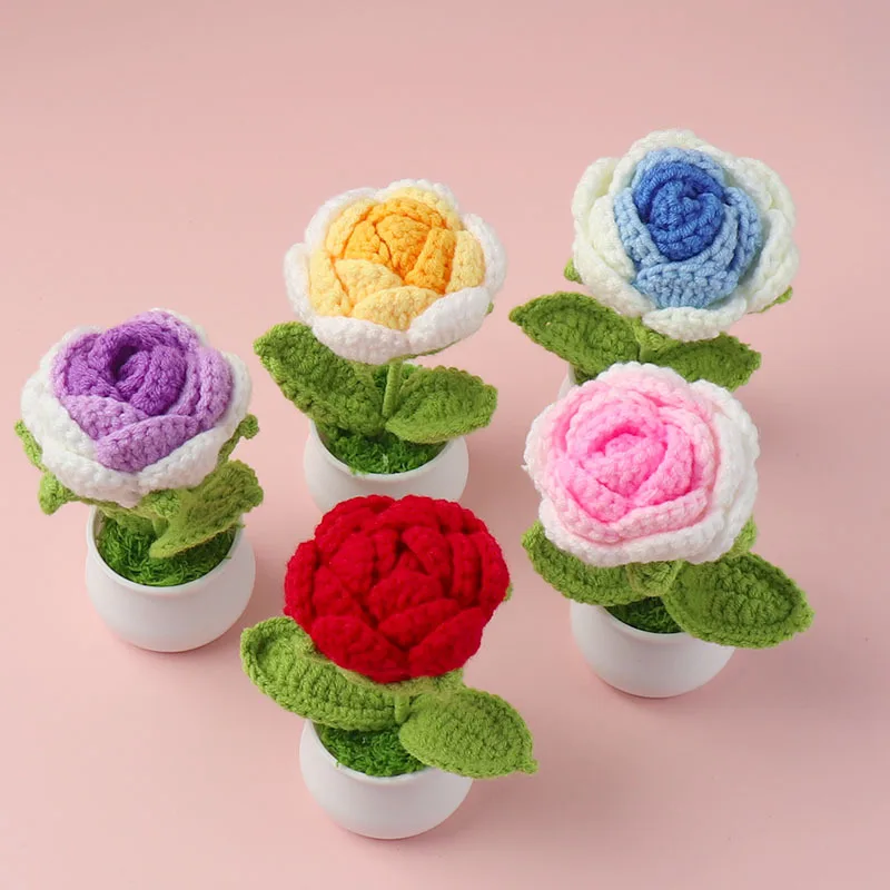 

Finished Imitation Rose Wool Knitting Hand-crocheted Potted Plant Desktop Car Ornaments Valentine's Day Gift Home Decorations