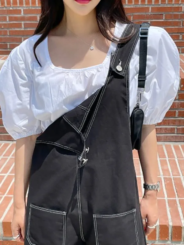 

ort Bubble Sve irt Pure Color Square Collar Elastic Hem Dongda Gate Ins Fem Faion Spring Season Chinese Brand