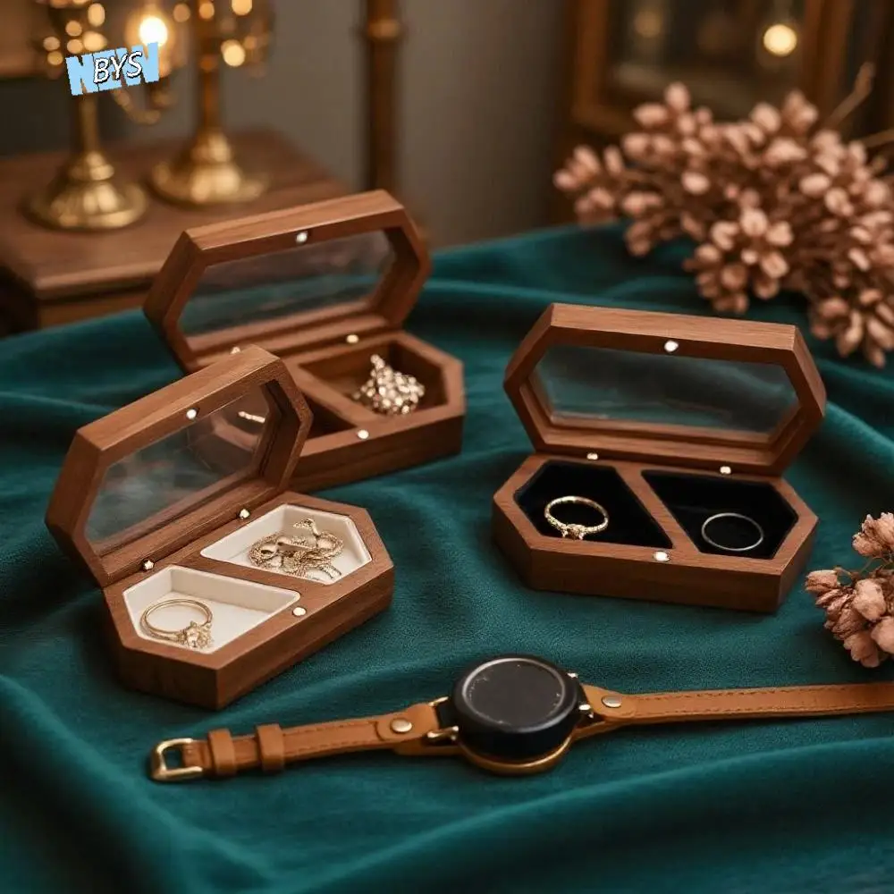 

Multi-function Velvet Mini Wood Rings Box Luxury Necklace Earrings Rings Bearer Box Wedding Square Rings Display Case Couple