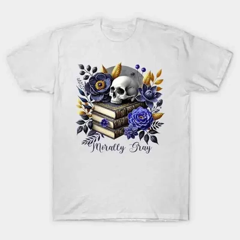 Morally Gray Floral Skull Books for Halloween T Shirt S 5XL Fast Shipping