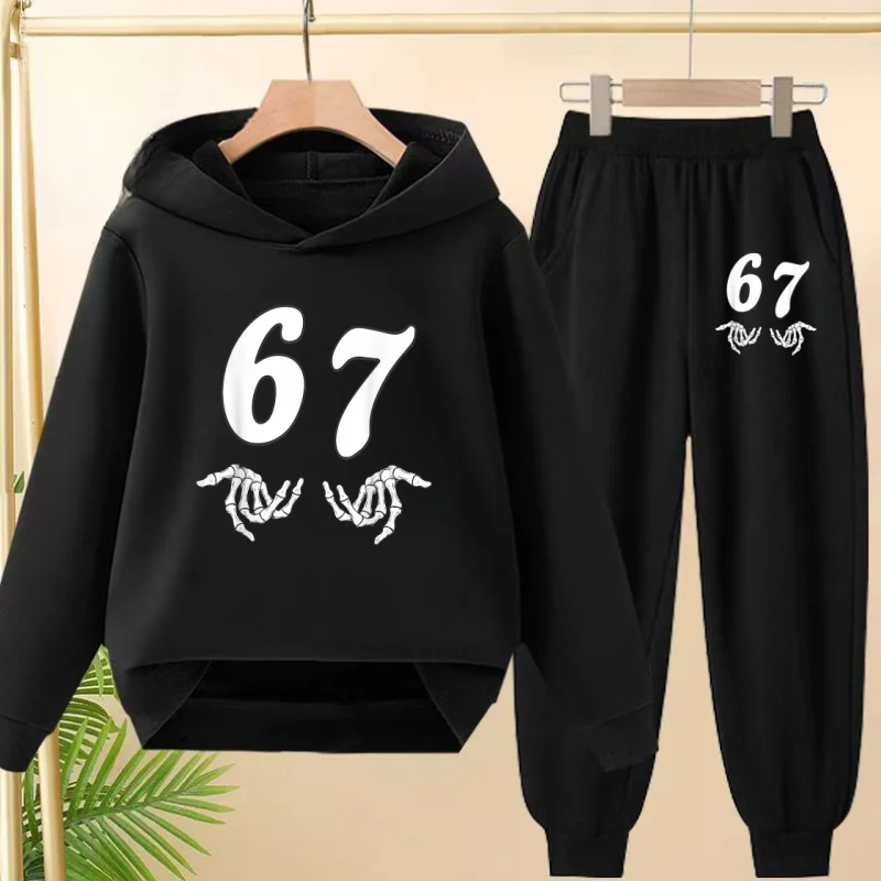 

Children Spring Autumn Clothes Six Seven Black Tracksuit Hoodie + Pants 2P Boy Girl Toddler 3-12Yrs Coat Top Leisure Jogging Set