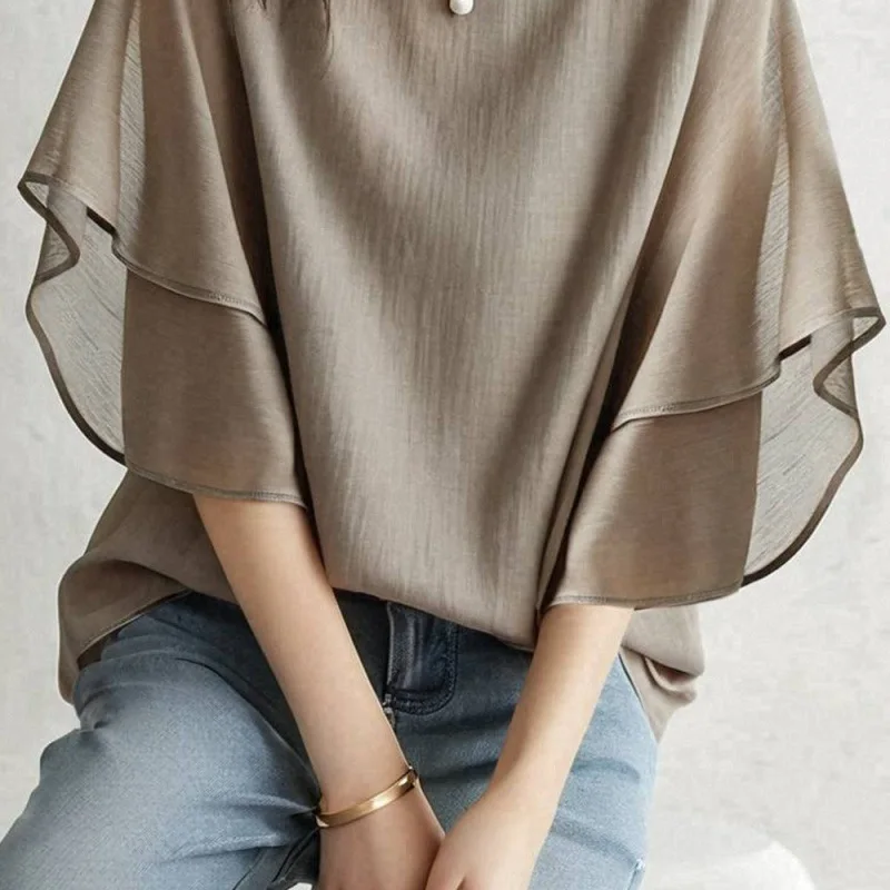 Summer New Short-Sleeve Batwing Shirt Loose Round Neck Casual Versatile Chiffon Top