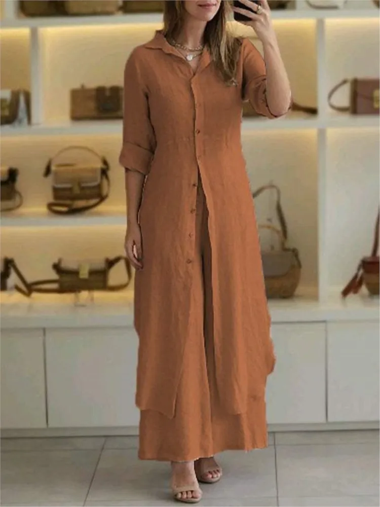 Spring Autumn Cotton Linen Loose 2 Piece Sets Casual Button Long Sleeved Women Outfit Elegant High Waist Wide Leg Pants Set Suit