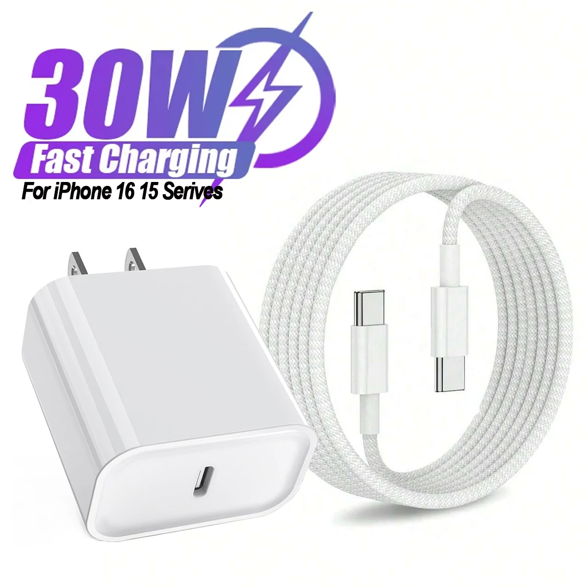 30W Fast Charger Set USB C Port Wall Charging 3.3Ft Type-C Braiding Data Cable for iPhone 16 15 Pro Max Plus ipad Samsung Xiaomi