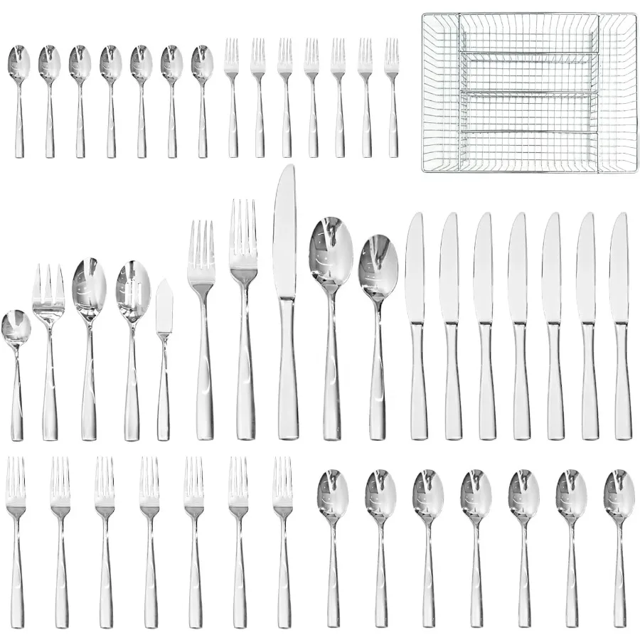 

45Piece Silverware Set with Organizer Heavy Duty Stainless Steel Flatware for 8 Cutlery Utensil Sets with Serving Utensils Mirr