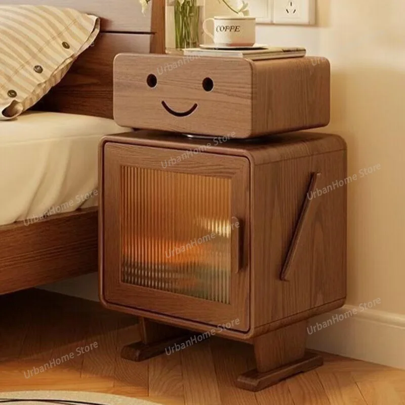 

Wood Nightstand for Kids Robot Design Cute Bedside Table with LED Light Modern Minimalist Storage Cabinet for Bedroom for