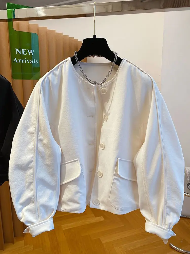 Premium Sense Collarless Coat Women's Spring And Autumn Tthin 2026 New Loose Casual Versatile Simple Jacket Top Beige Overcoat