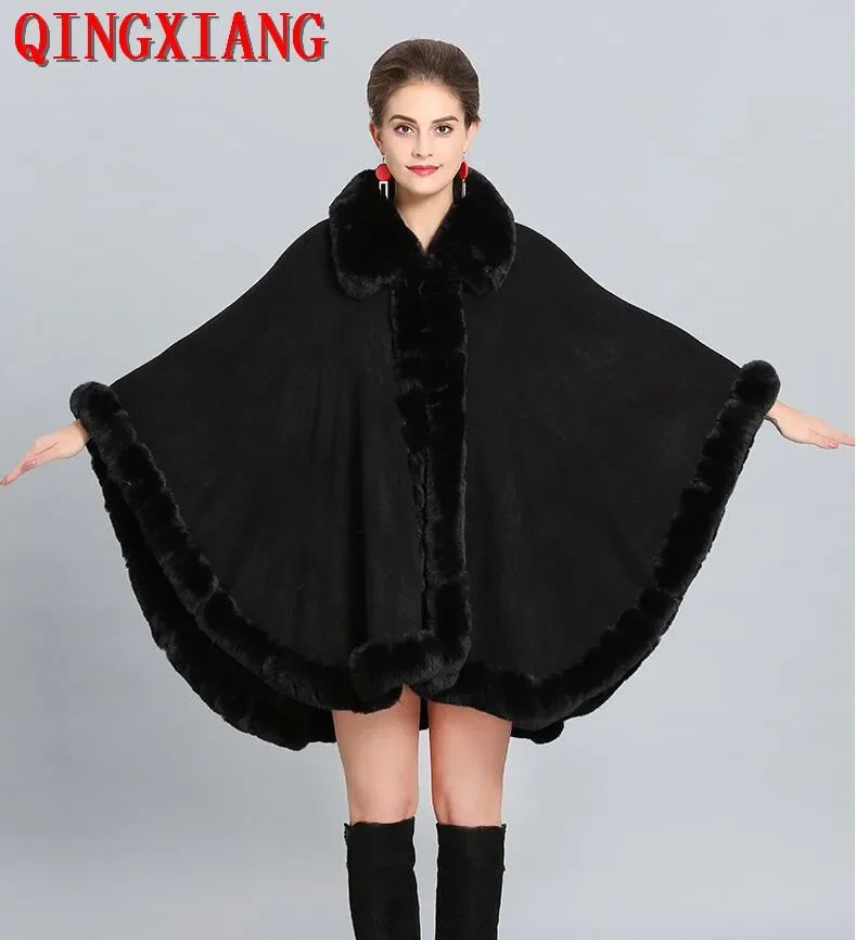 11 Colors Winter Cloak Cashmere Warm Thick Loose Coat Poncho Women Faux Fur Neck Cape Big Pendulum Dovetail Cardigan Streetwear