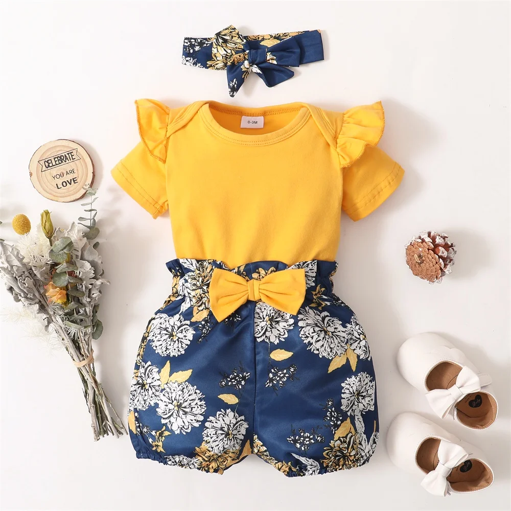 3Pcs Clothes Set Baby Girl Plain Color Ruffle Short Sleeves Bodysuit+Floral Short+Headband Lovely Summer Costume for 0-18 Months