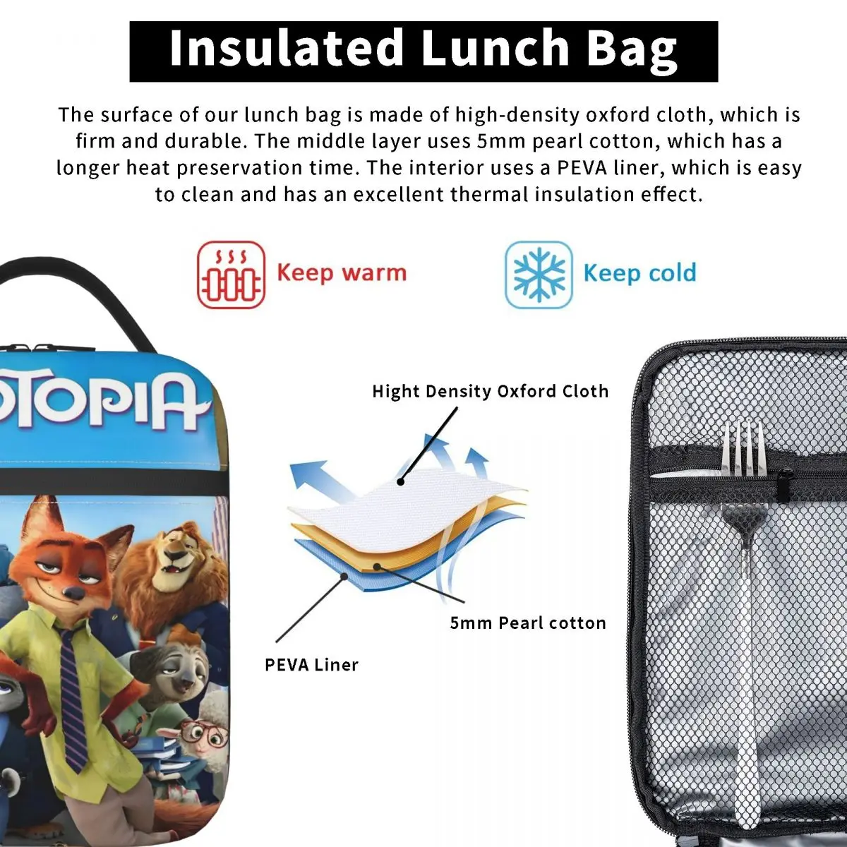 حقيبة غداء معزولة من Zootopia، حاوية غداء عالية السعة، حقيبة حرارية، صندوق غداء، حقيبة حمل للكلية الخارجية، فتاة صبي
