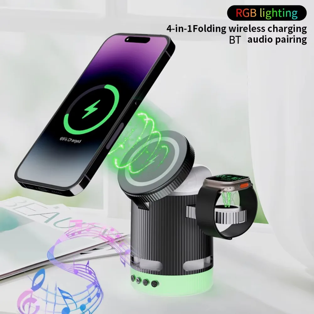 2024 newest 4 in 1 multifunction BT speaker Magnetic mini wireless charger station for Smart watch Earphone For iphone charger