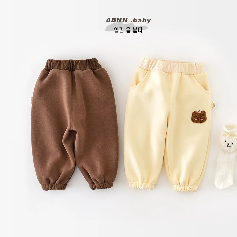 Autumn Winter Baby Boys Pants Cotton Plus Velvet Cartoon Bear Loose Solid Infant Boys Trousers Thickened Toddler Boys Pants