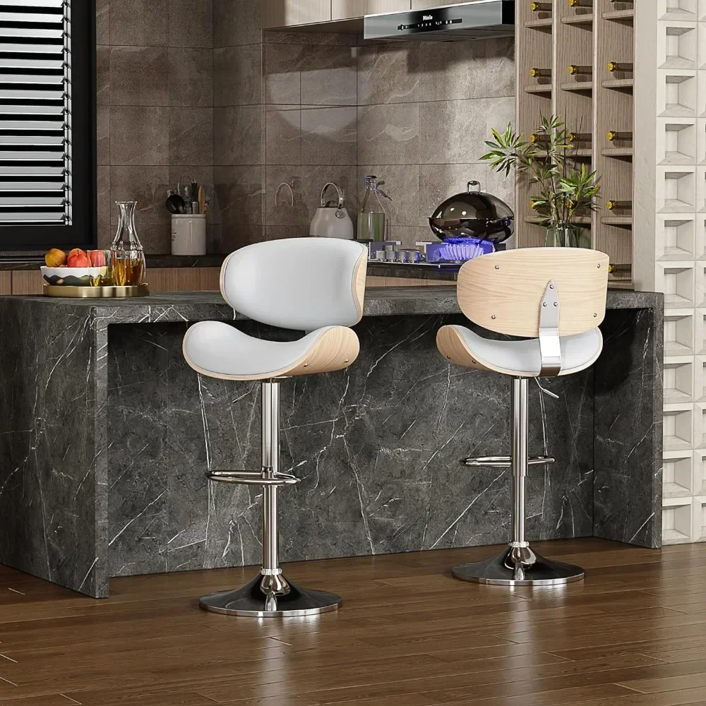 

Bar Stools Set of 2, Adjustable Bent Wood Barstool, Modern PU Leather Upholstered Bars Chairs with Back and Footrest, Bar Chair