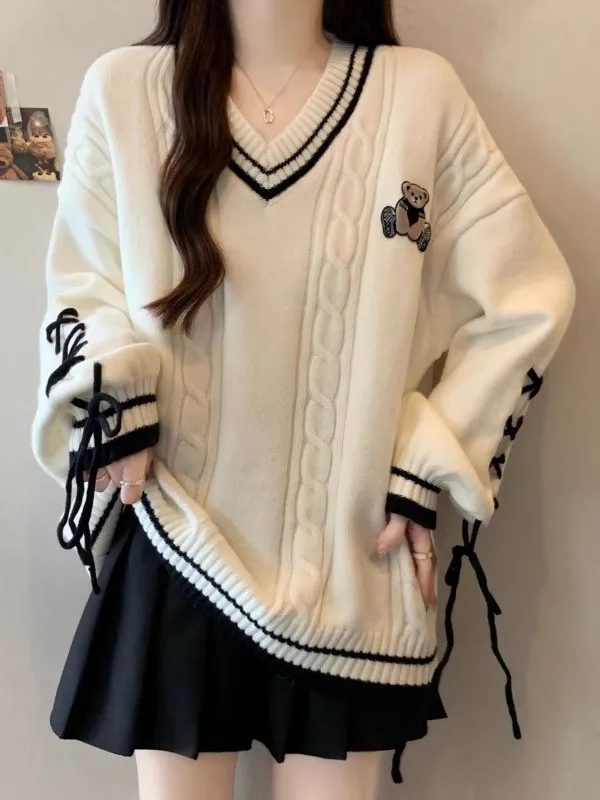 

plus Size Lazy Style Embroidered Cartoon V-Neck Belted Knitwear Women's Loose Versatile Autumn New Fashion Top Korean Style