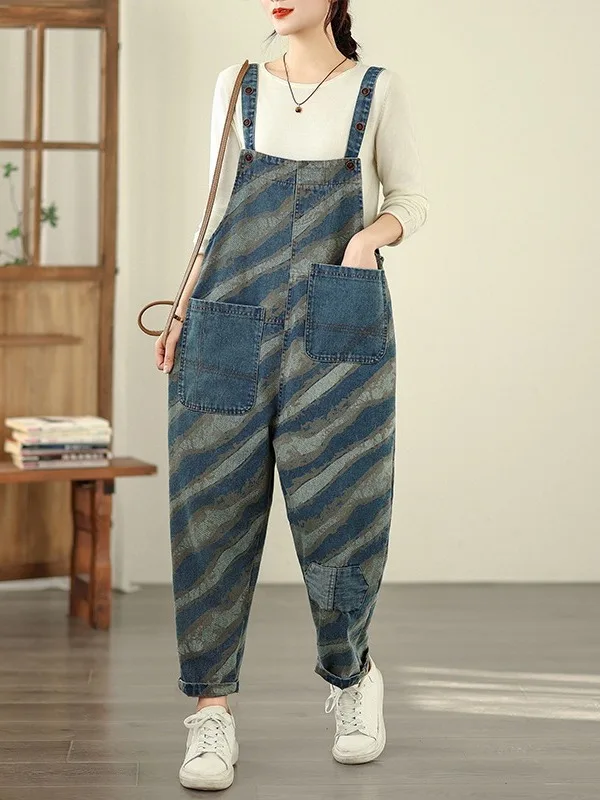 

Джинсовые комбинезоны с завышенной талией, большие размеры, женские лоскутные брюки с высокой талией, брюки Харлан, художественные повседневные хлопковые весенние комбинезоны