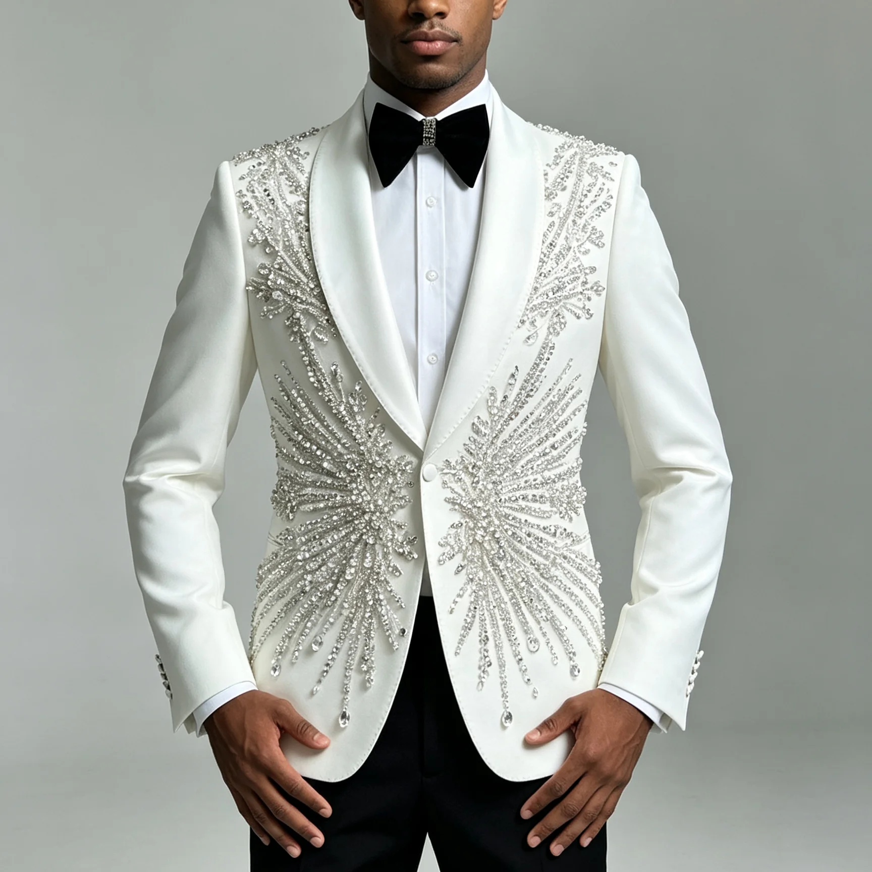 Groom Wedding Suits For Man Sparkly Beading Stones Prom Tuxedo With Black Pants 2 Pieces Groom Dinner Party Attire Ropa Hombre