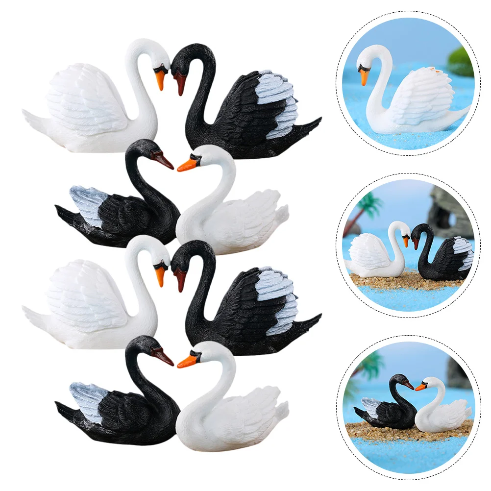 8 Pcs Black and White Swan Ornament Couple Ornaments Figurine Mini Animals Figures Crafts Car Tiny Statue Plastic Hotel Decor