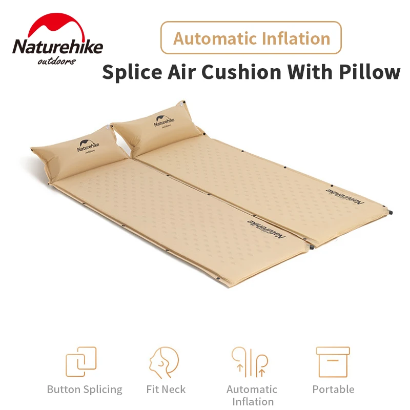 Naturehike Self Inflatable Camping Mattress Sleeping Pad Outdoor Camping Single Automatic With Pillow Spliced Air Cushions Bed