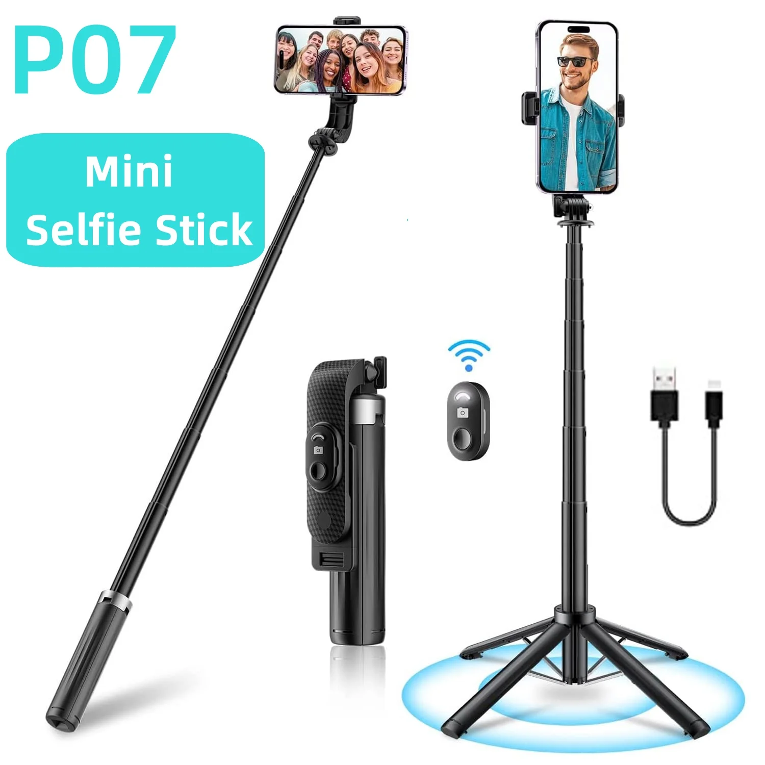 P07 Aluminum Alloy Selfie Stick Tripod Extendable Elfie Stick Phone Quadrapod with Bluetooth Wireless Remote Phone Holder