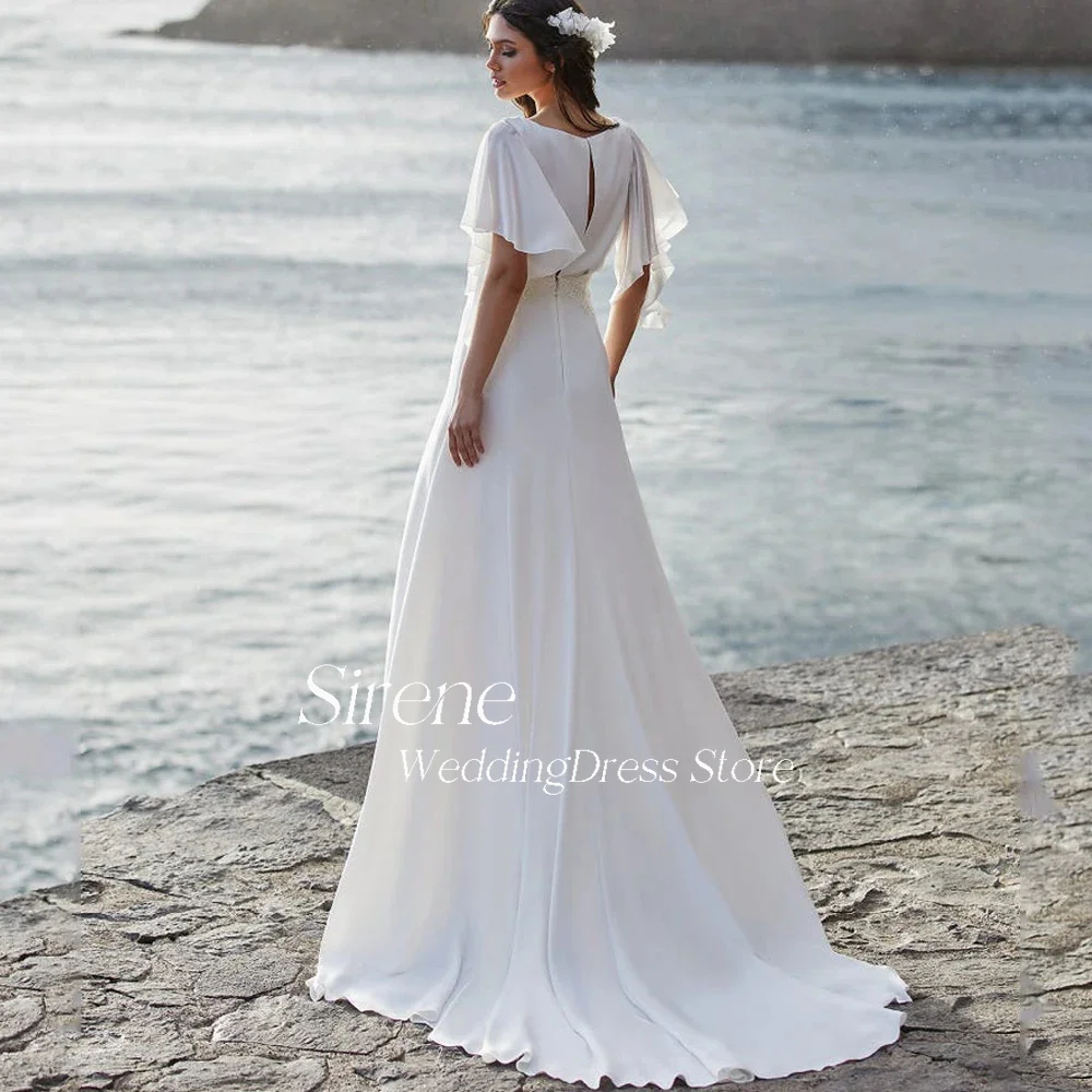 Sirene einfache Strand Chiffon Applikationen Fledermaus Ärmel Brautkleid V-Ausschnitt A-Linie zurück Reiß verschluss Brautkleider Vestidos de Novia