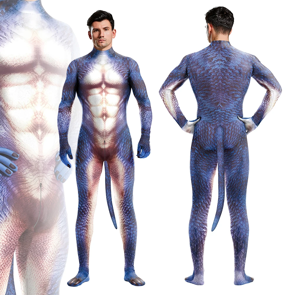 Zawaland Cosplay Costume For Male Adult Animal Lizard 3D Print Jumpsuits Full Cover Elastic Zentai Bodysuits With Tail Halloween